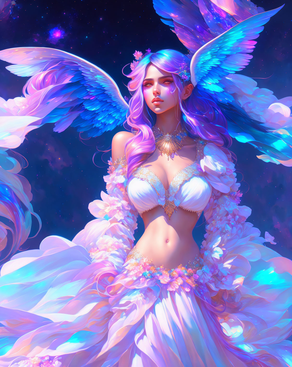 Colorful depiction of mystical angel with iridescent wings in cosmic setting