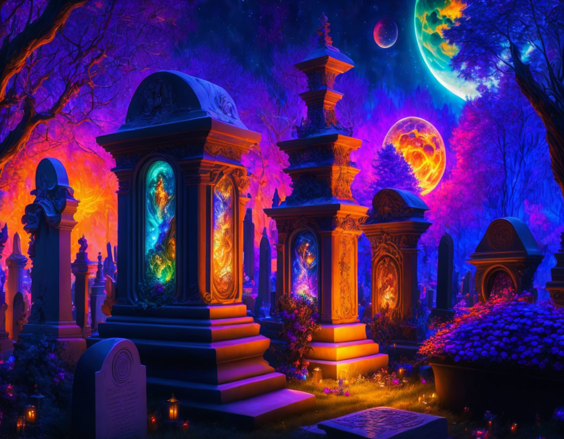 Fantasy graveyard with glowing tombs, crescent moon, and magical auroras