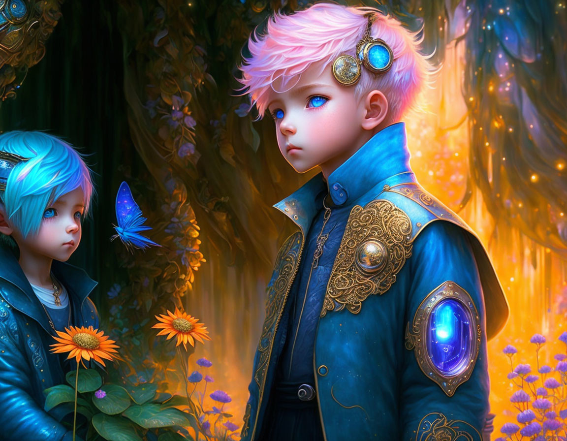 Colorful-haired children in magical forest with glowing lights and butterfly.