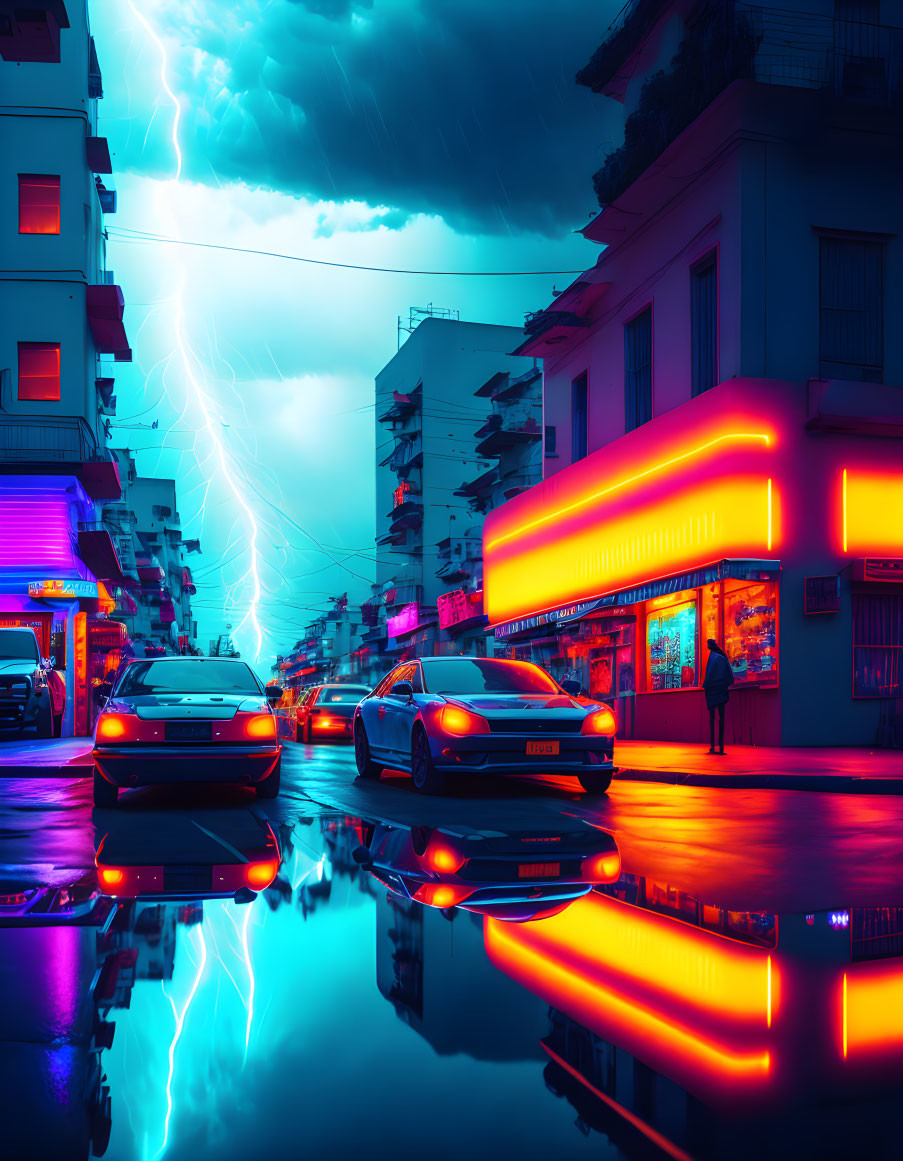 Vivid neon-lit street with lightning bolt in stormy cityscape