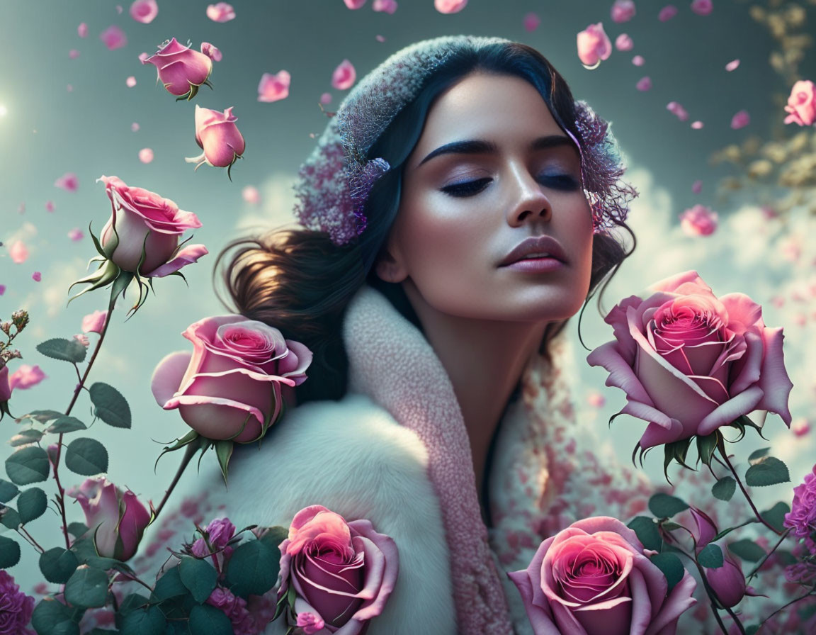 Woman with Closed Eyes Surrounded by Pink Roses in Serene Setting