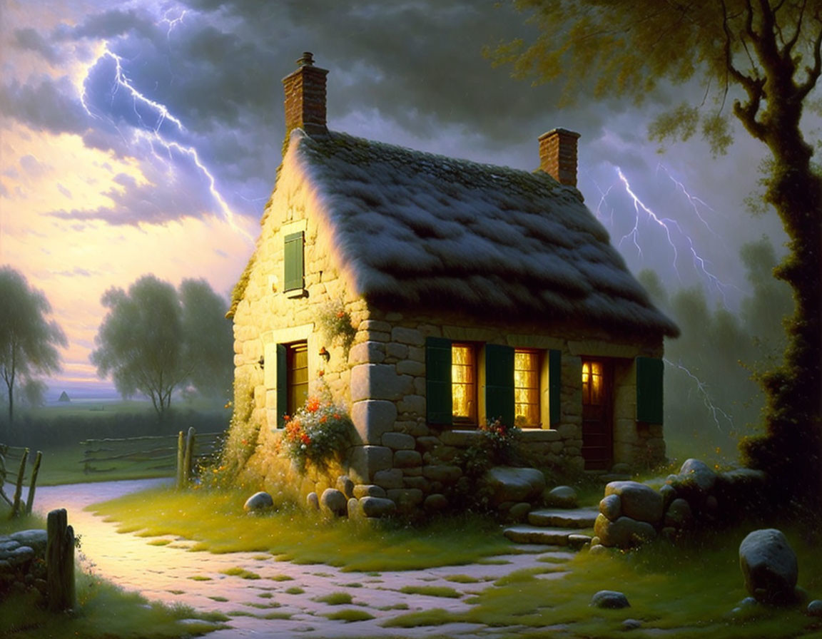 Thatched Roof Stone Cottage in Stormy Sky Scene