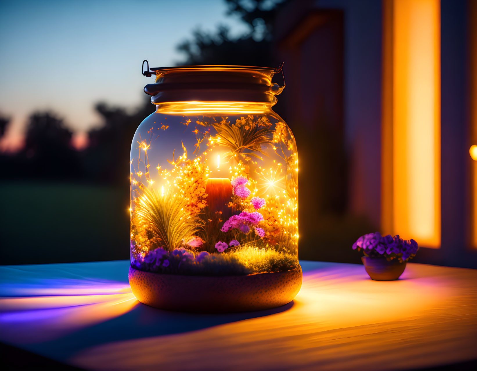 Glass jar with fairy lights and flowers against dusk backdrop