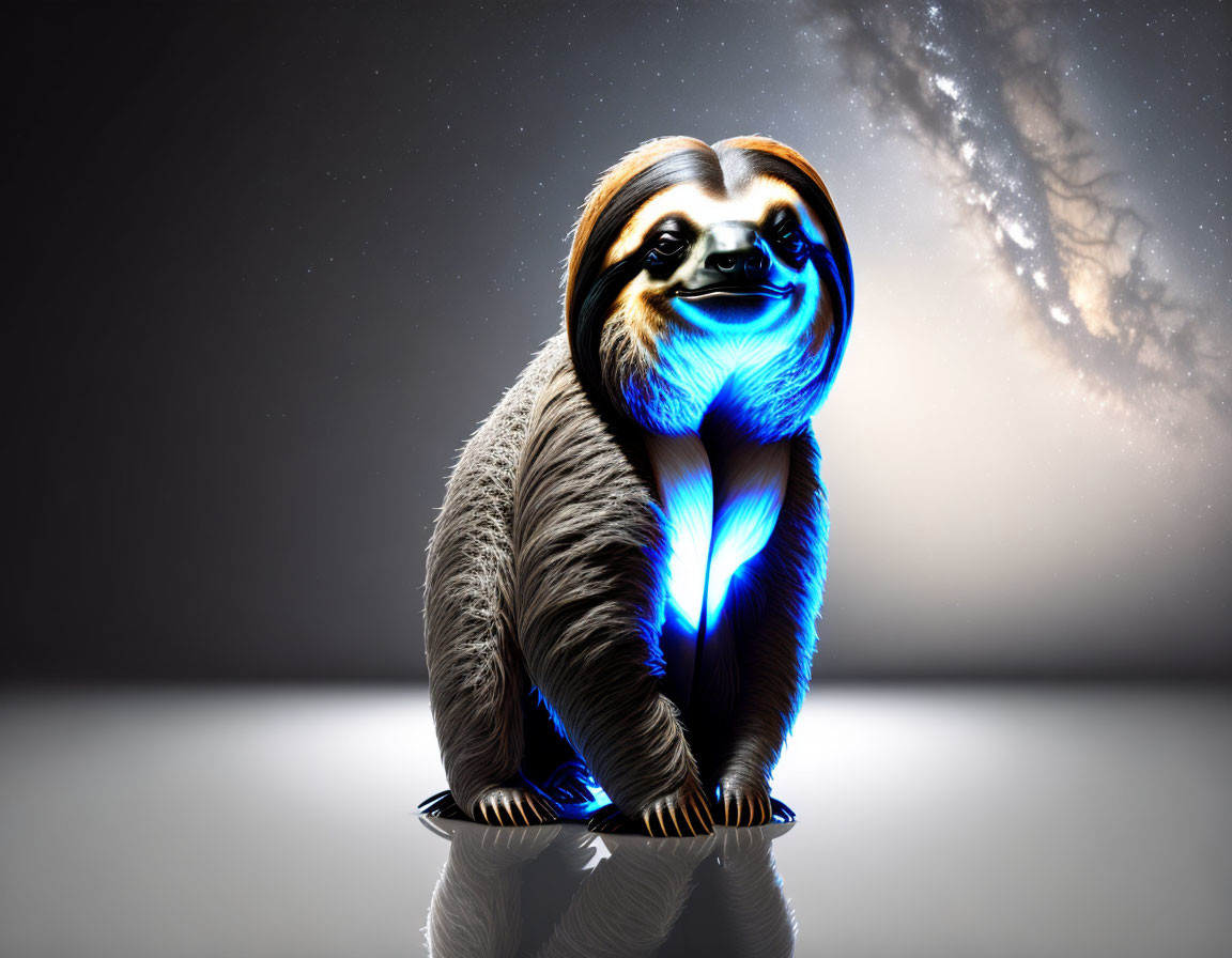 Futuristic sloth with glowing blue areas on reflective surface against galaxy background