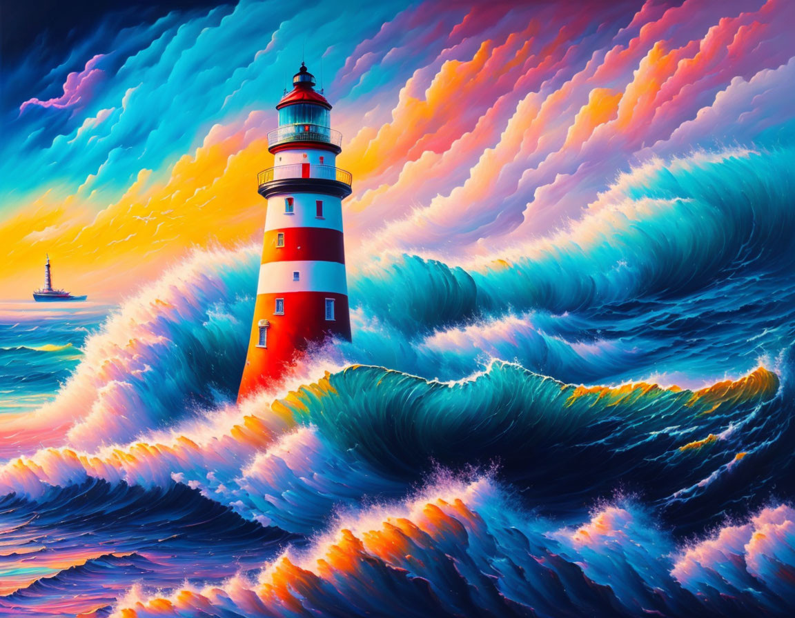 Colorful illustration of red and white lighthouse in stormy seas at sunset