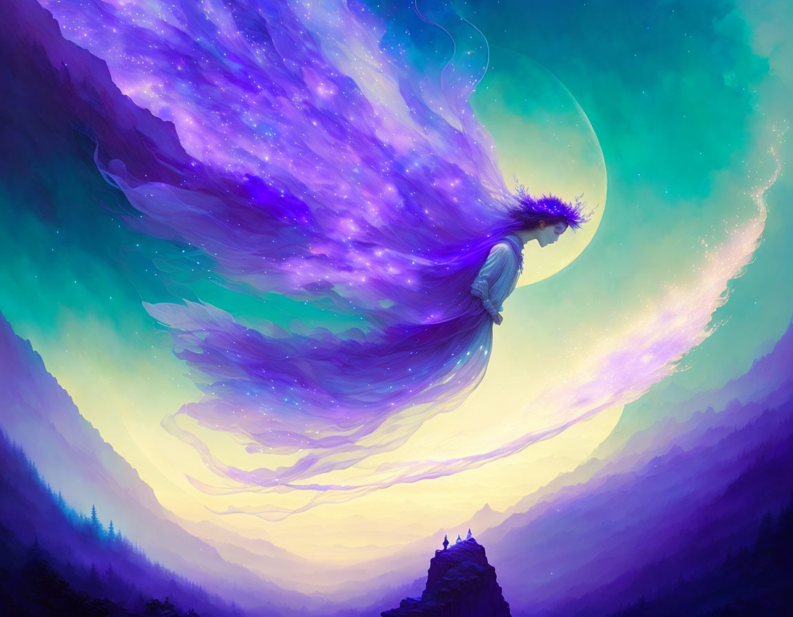 Ethereal figure in vibrant robes above misty mountain landscape