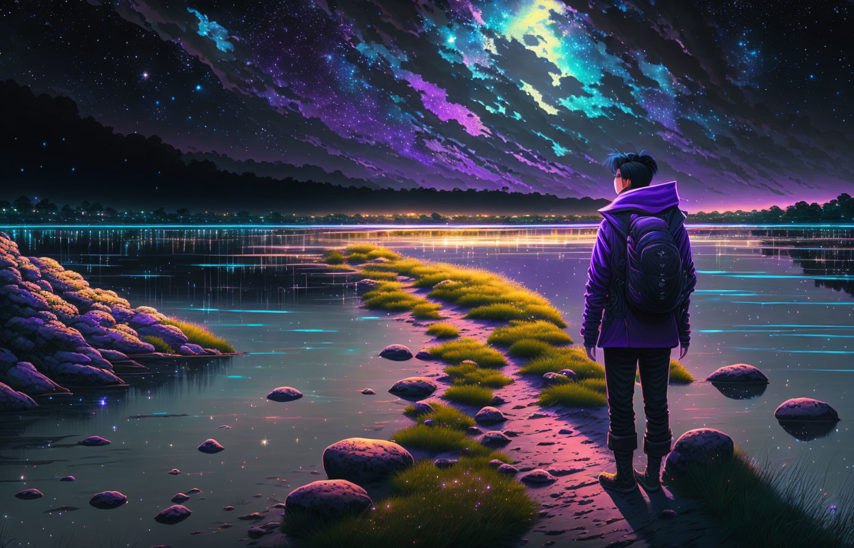 Purple jacket person gazes at vibrant starry sky over reflective lake