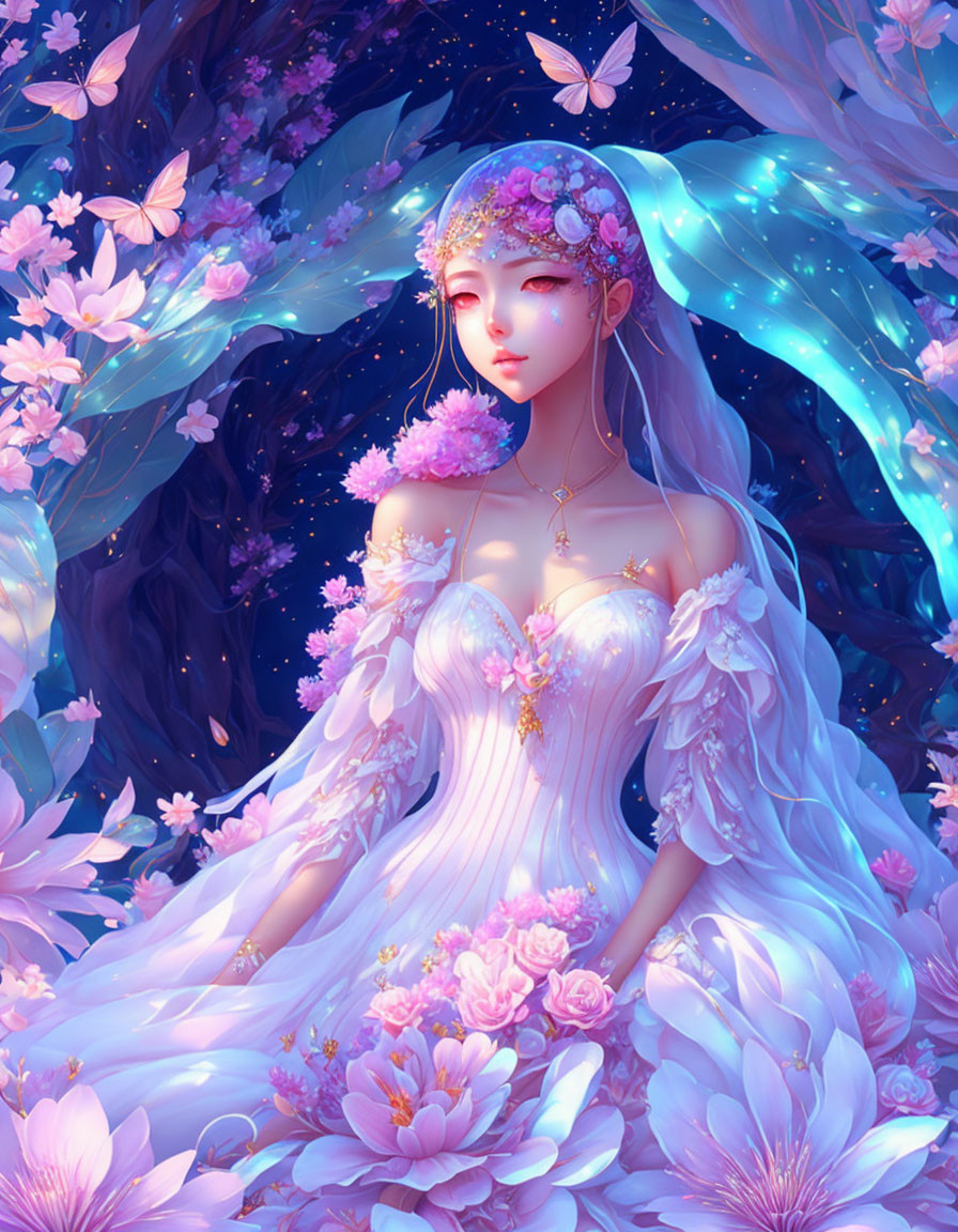 Digital artwork: Woman with pink flowers, white dress, magical floral night-time aura