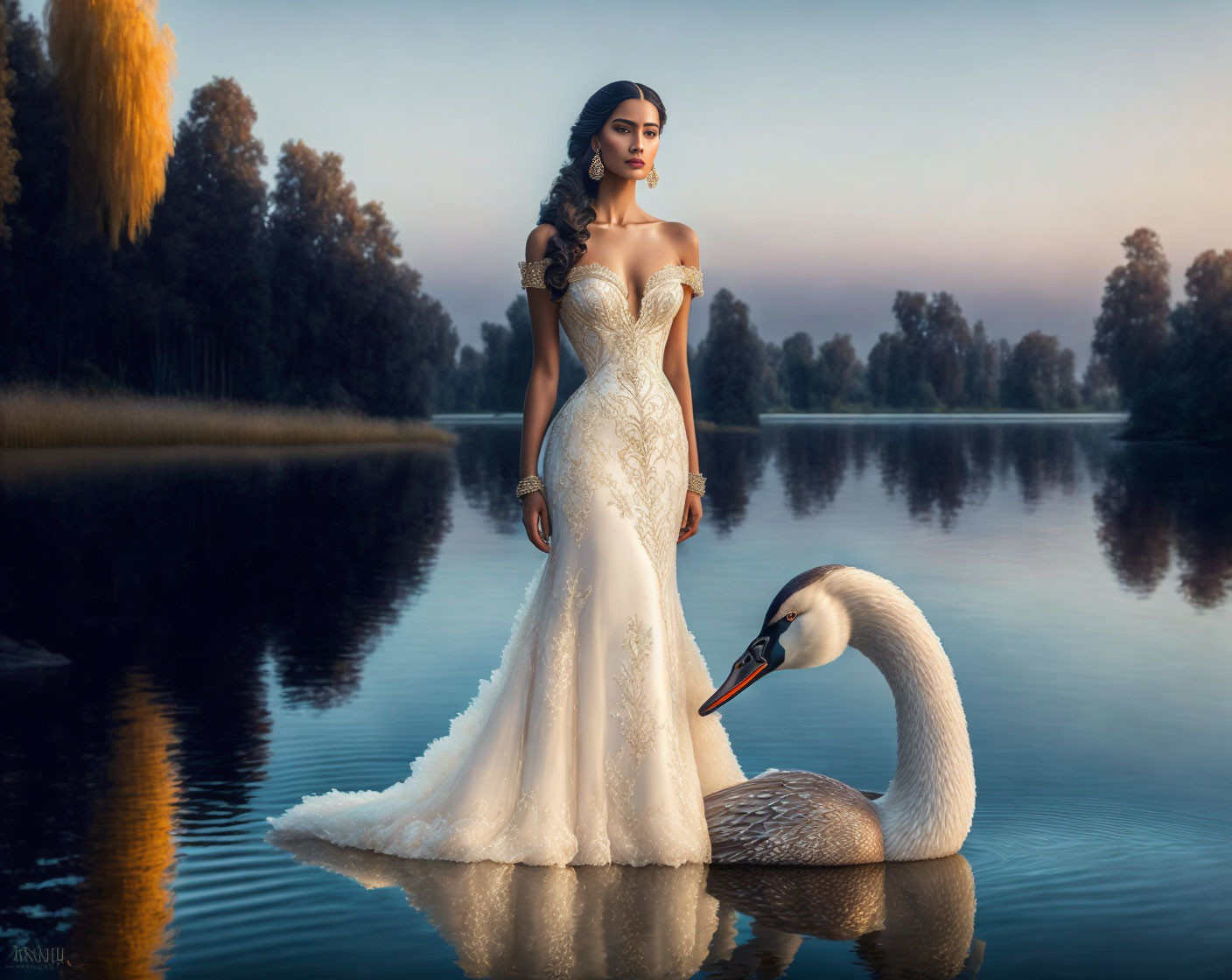 Elegant woman in ornate dress by serene lake with swan at sunset