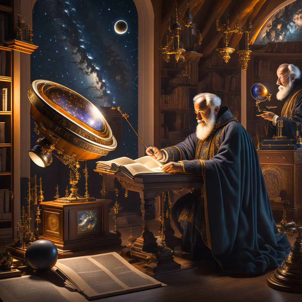 Elderly scholar writing in robe surrounded by books and celestial instruments