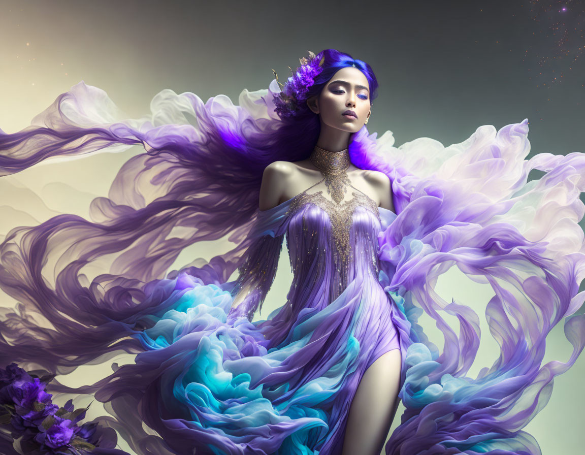 Mystical woman in purple gown with floral crown and violet smoke swirls