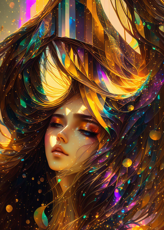 Cosmic-themed woman illustration with flowing hair and celestial elements