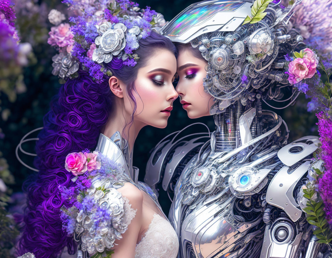 Human woman and humanoid robot in floral setting intimate moment