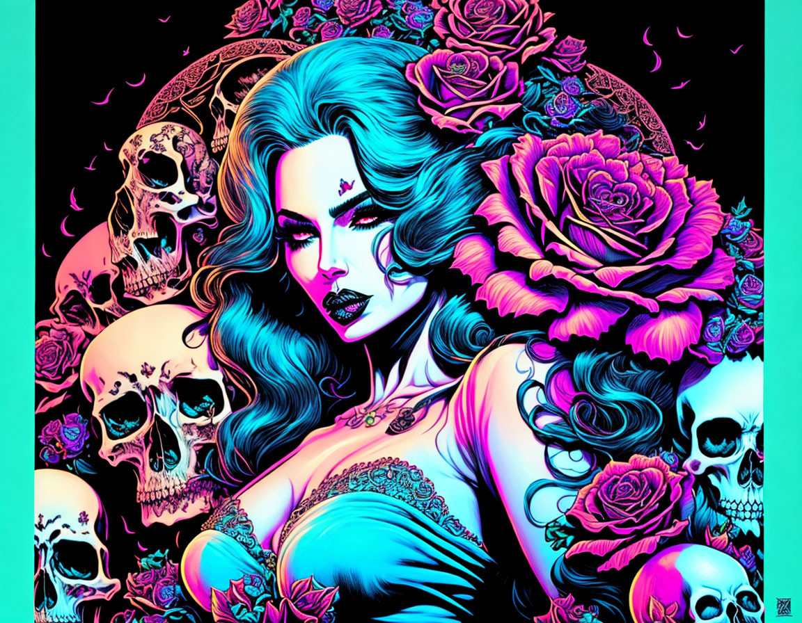 Colorful Gothic Artwork: Woman with Roses and Skulls