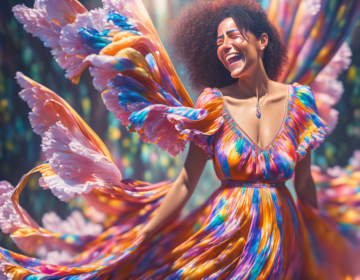 Curly-haired woman twirling in colorful dress amidst blurred floral background