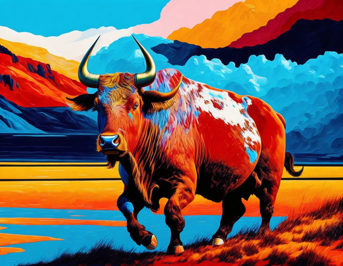 Colorful stylized bull in surreal landscape with vibrant hues