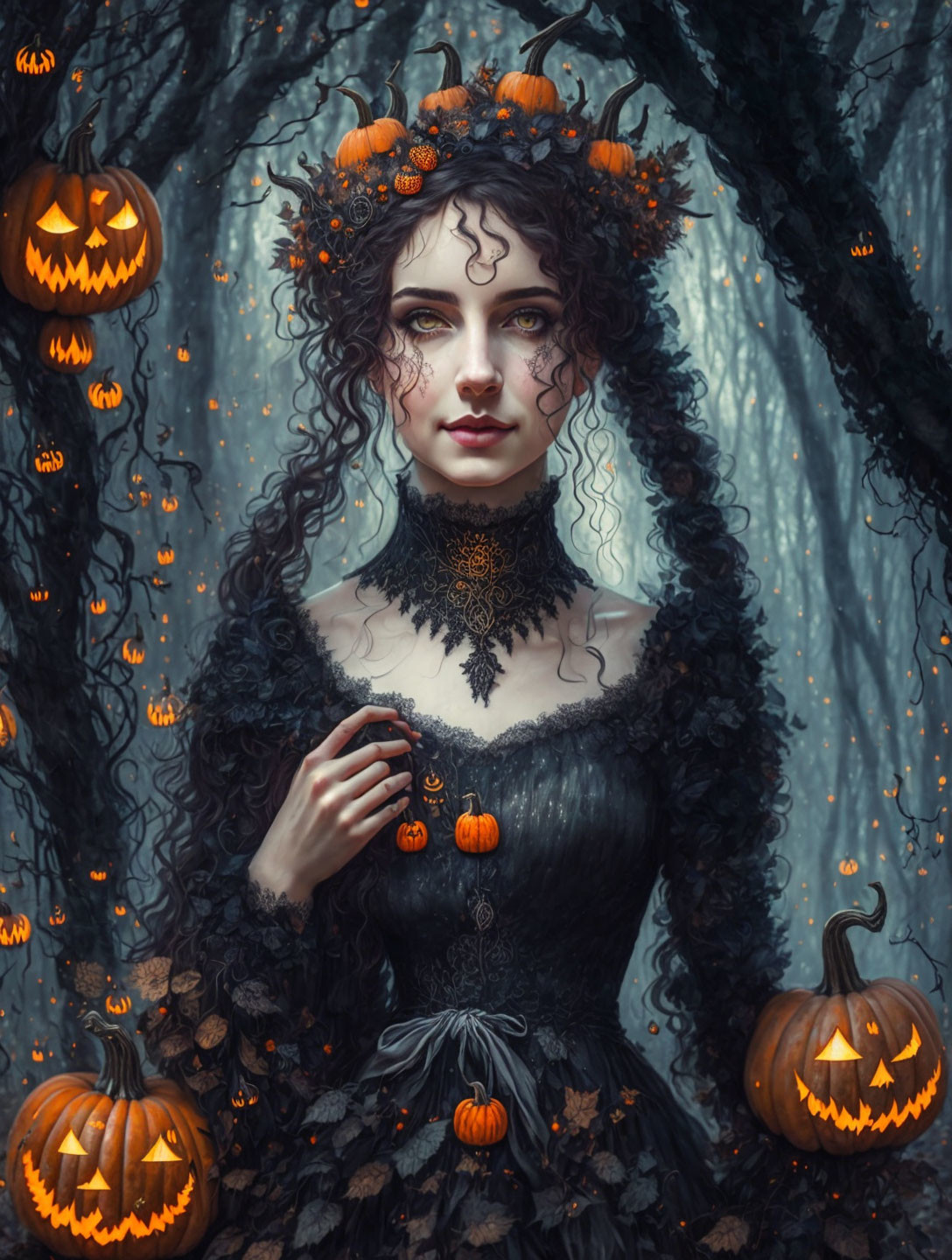 Curly-Haired Woman in Dark Halloween Costume Surrounded by Pumpkins and Autumn Leaves