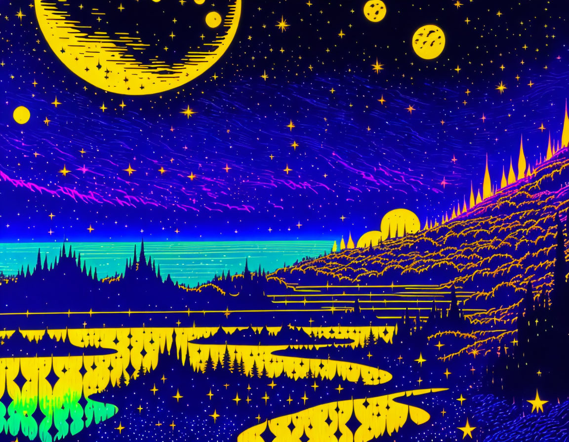 Digital artwork: Starry night sky, crescent moon, lake, pine trees, hills