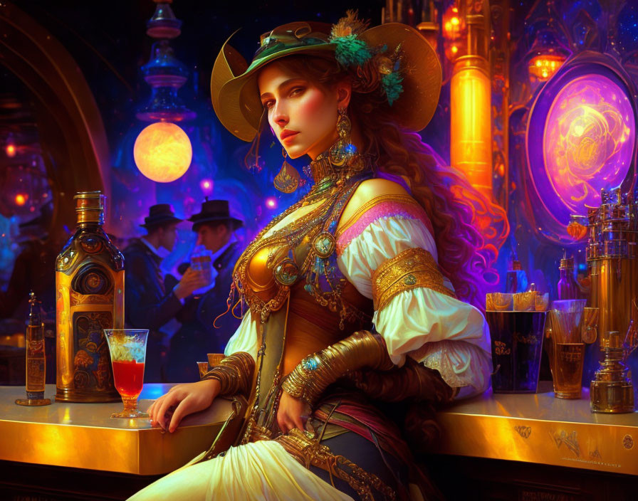 Steampunk-themed woman at bar with ornate bottles and glowing ambiance