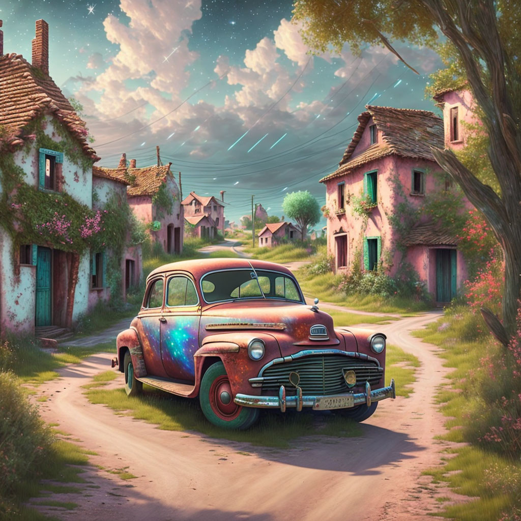 Vintage Car with Cosmos Paintwork on Rustic Village Road at Twilight