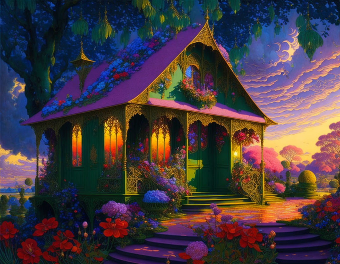 Vibrantly colored fantasy cottage in lush garden at twilight