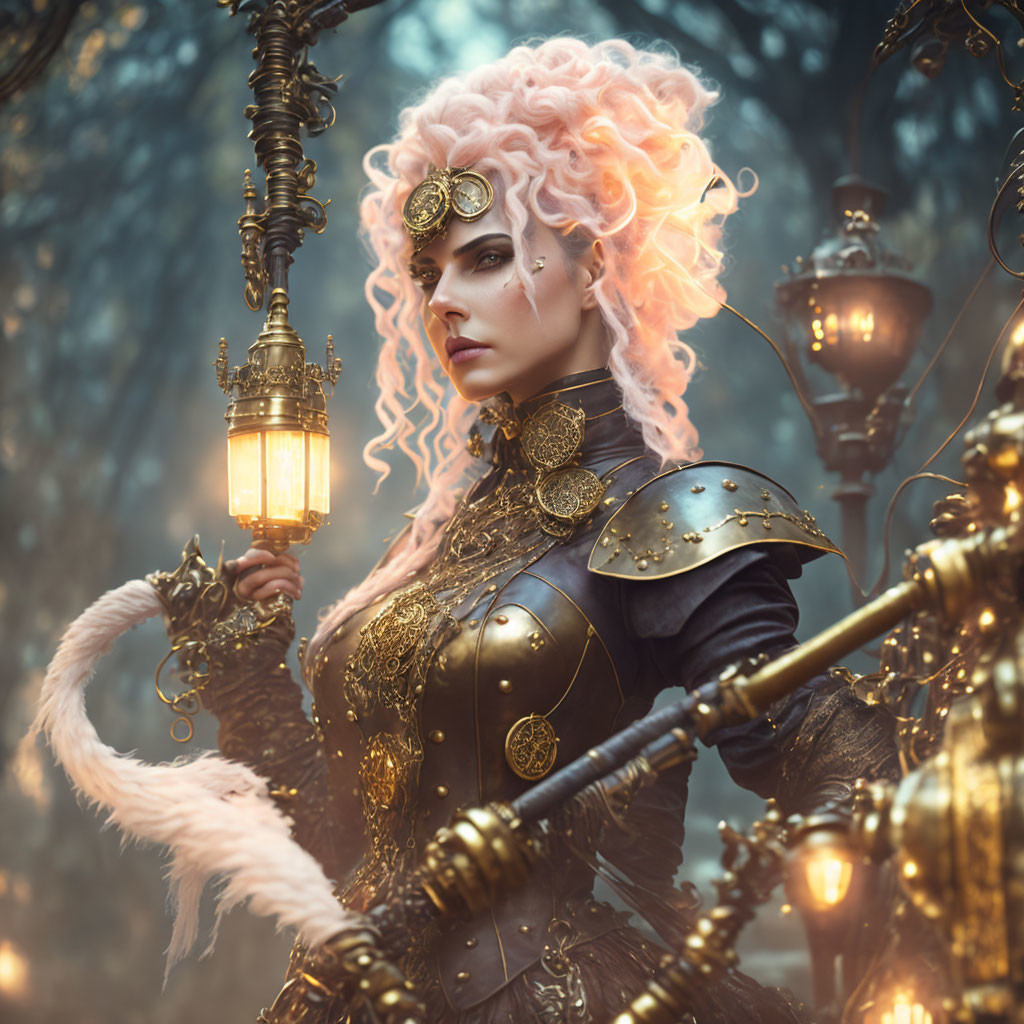 Fantasy warrior with pink hair in golden armor with lantern in mystical forest