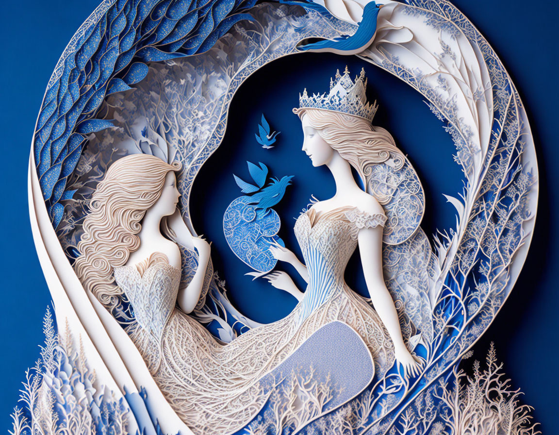 Detailed paper art: Two women with flowing hair, one holding a bird, surrounded by foliage on blue