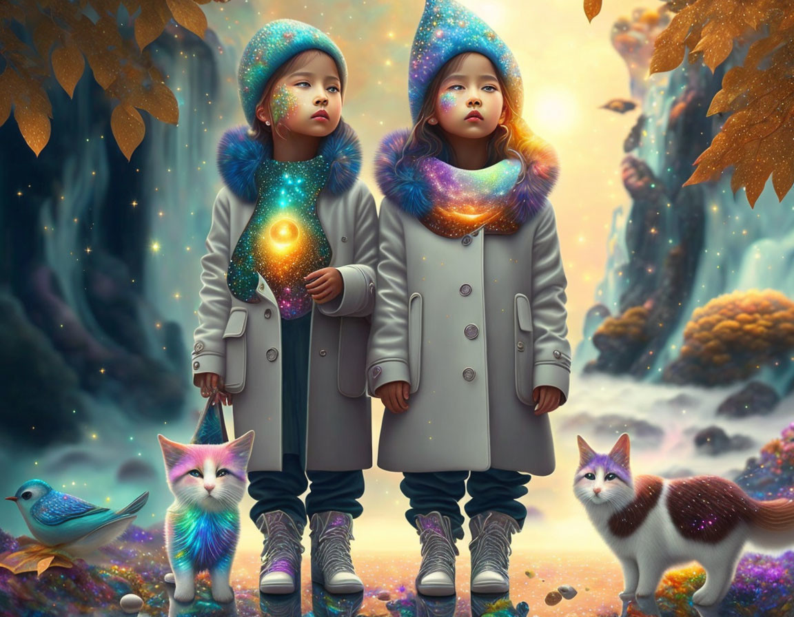 Children in mystical forest with glowing animals and autumn leaves