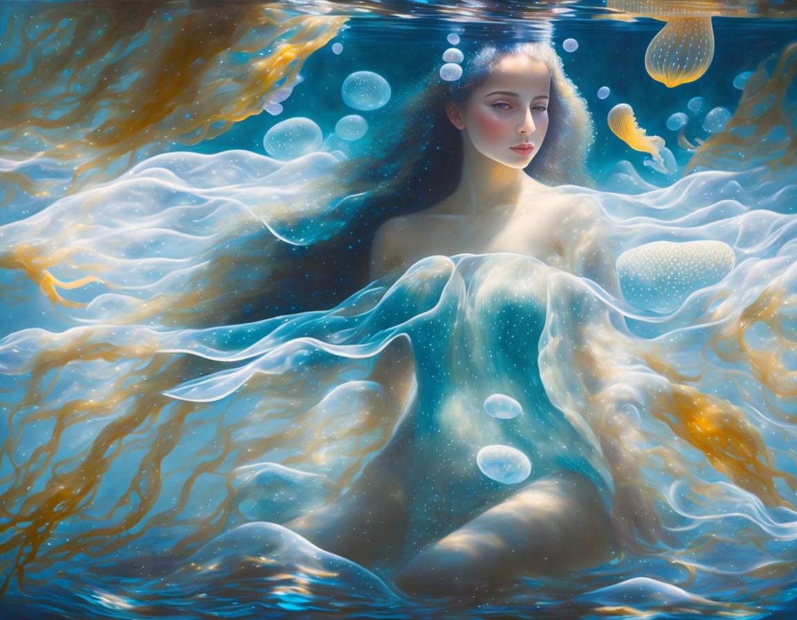 Ethereal woman submerged in water with bubbles, jellyfish, and golden hair - serene underwater scene