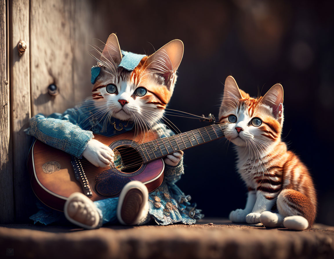 Anthropomorphic cats with guitar and hat beside wooden wall