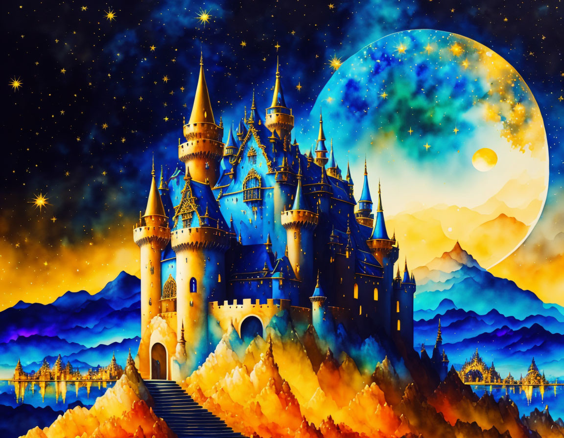 Fantasy castle with spires under moonlit sky and galaxy backdrop