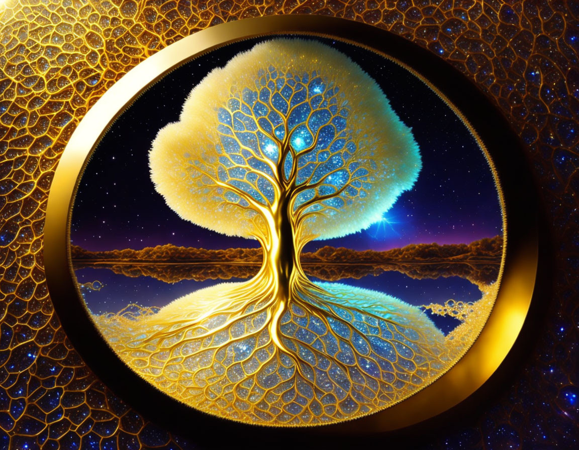 Circular golden tree artwork against starry night sky in textured frame