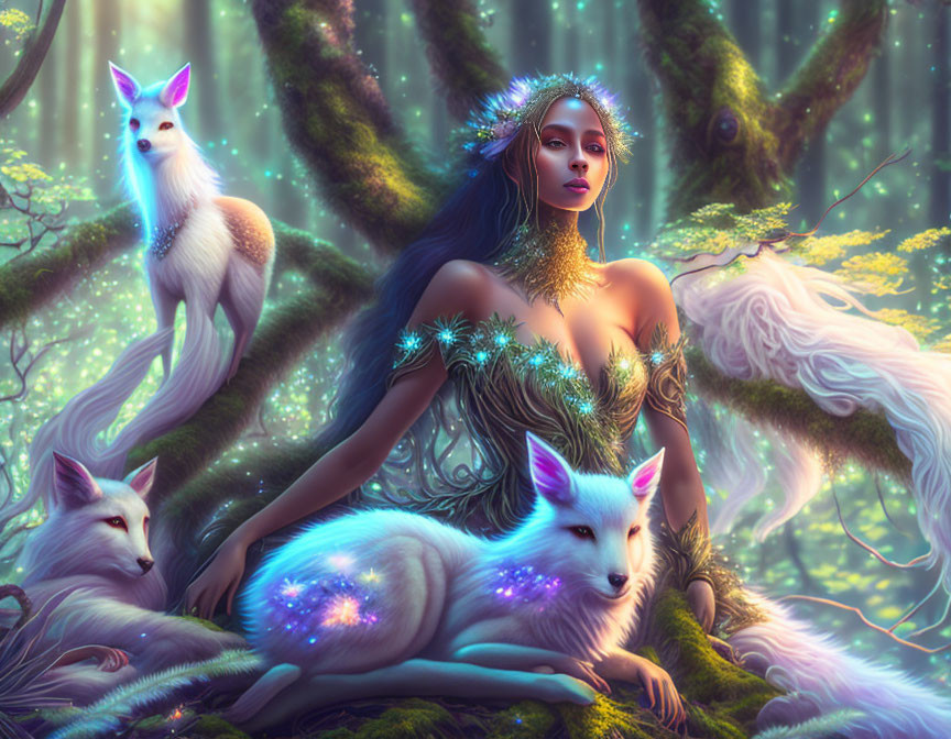 Enchanting forest scene with woman, nature attire, and ethereal foxes