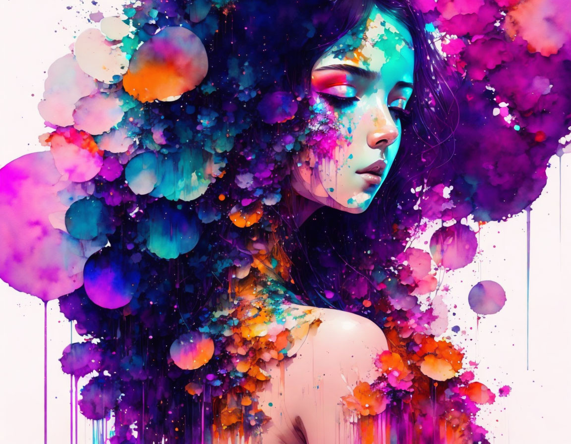 Vibrant digital artwork: Woman with purple and orange floral shapes