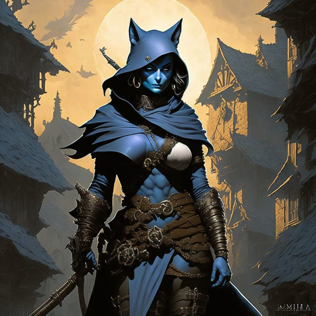 Anthropomorphic female feline in medieval armor under moonlit sky