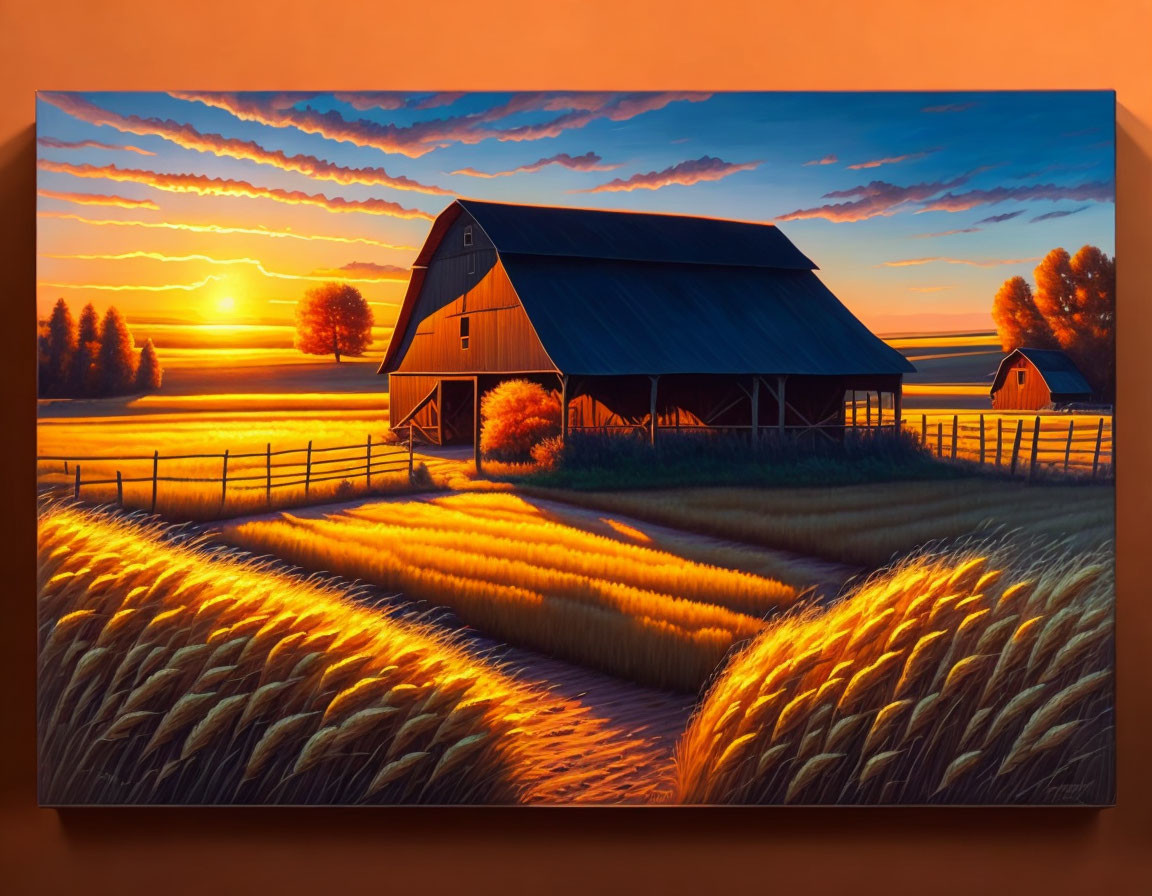 Scenic painting: Barn in golden fields at sunset