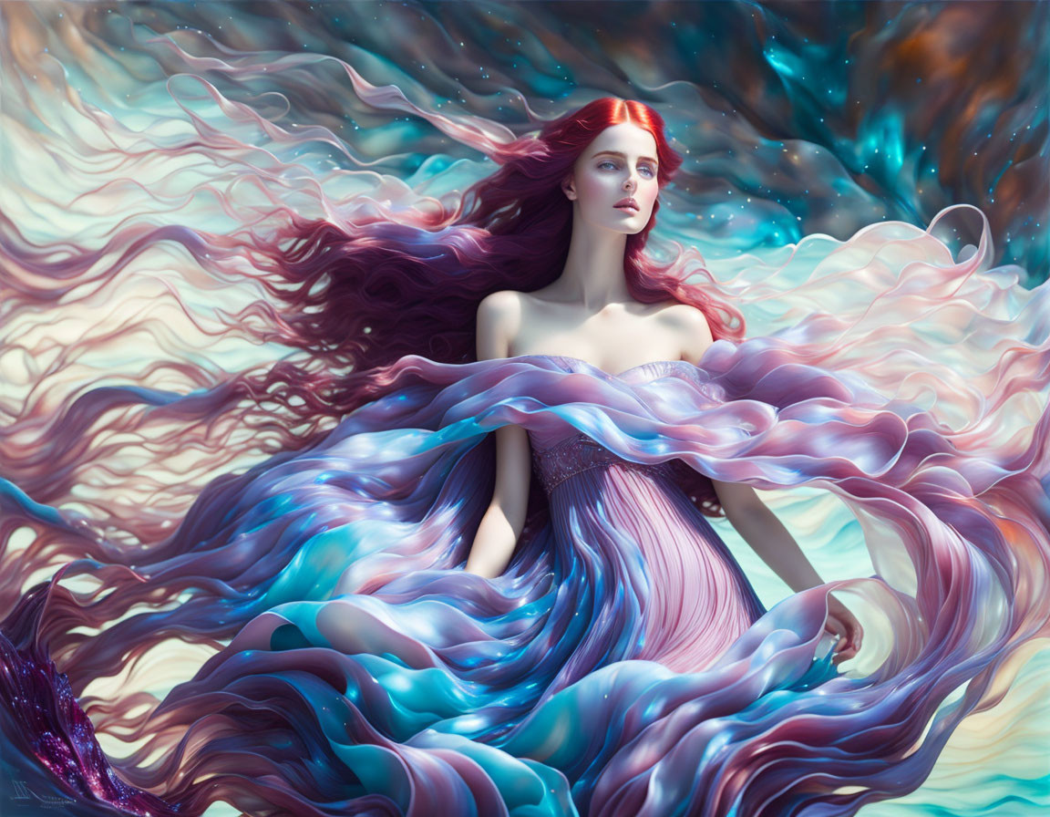 Multicolored hair woman in surreal cosmic portrait