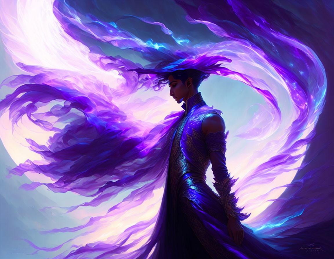 Elaborate blue armor with swirling purple energy cape