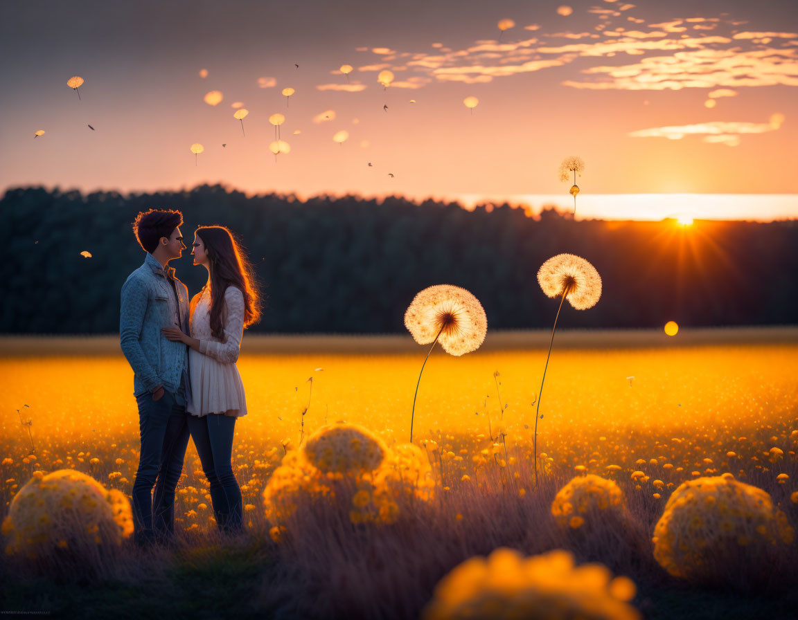 Couple in dandelion field at sunset with warm glow and floating seeds