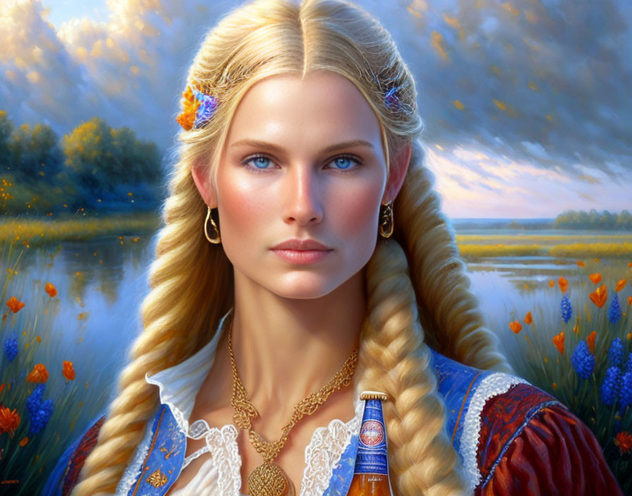 Blonde woman in traditional attire by serene lake