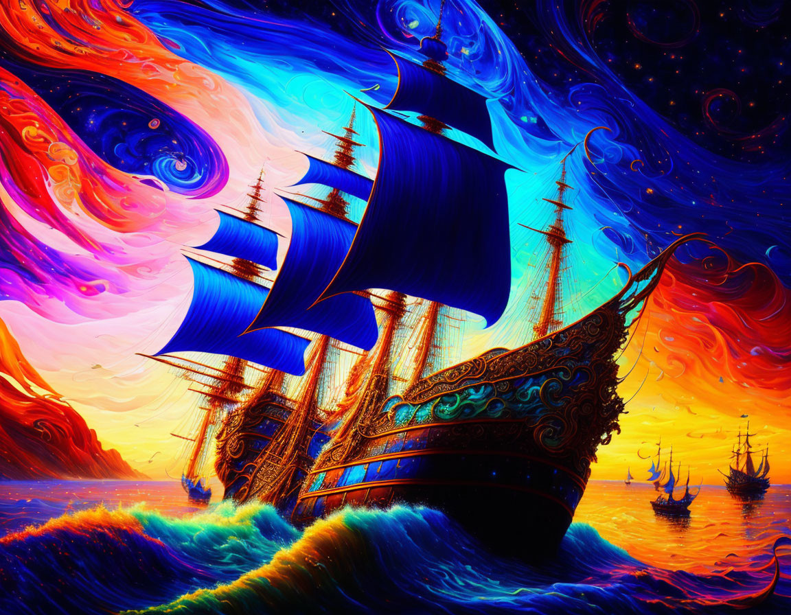 Colorful psychedelic sailing ships on swirling sea under starry sky