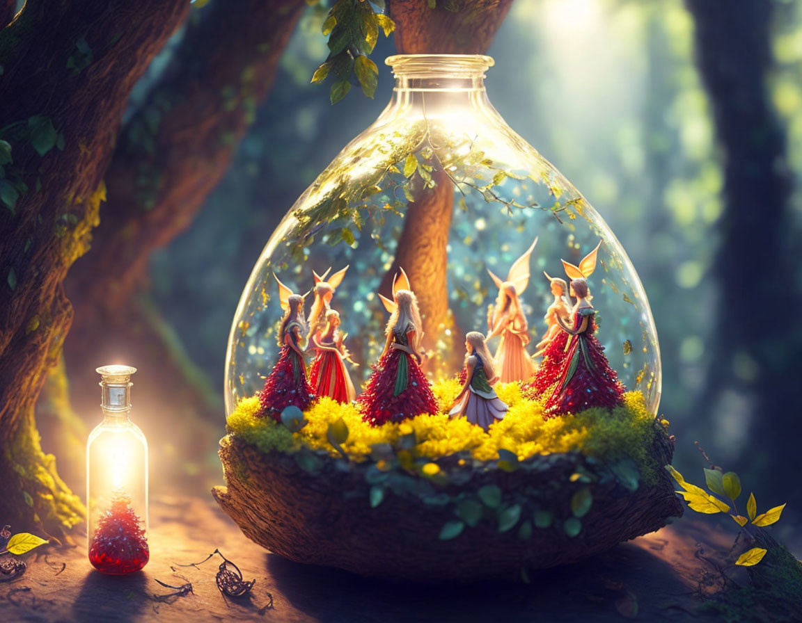 Colorful tiny fairies in glass bottle amid magical forest scene.