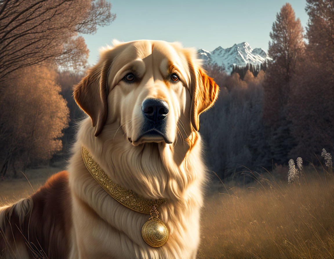 Golden retriever with gold collar in fall forest with snow-capped mountains