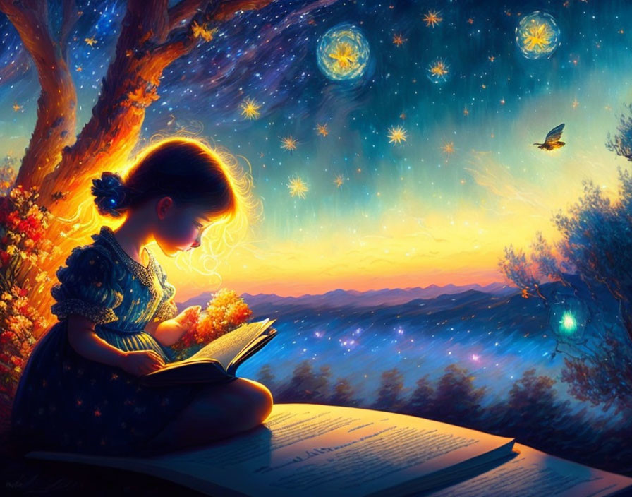 Young girl reading glowing book under starry night sky.