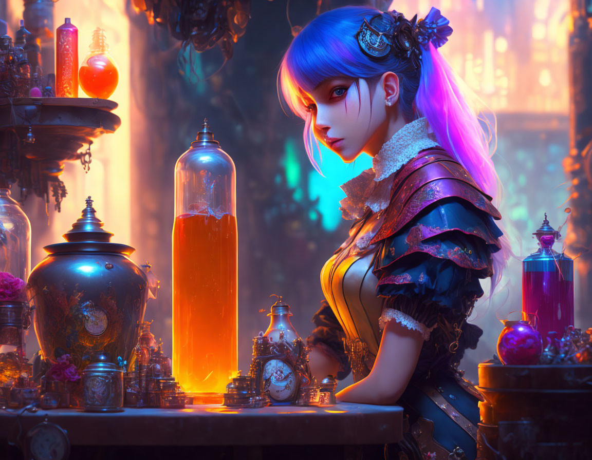 Colorful illustration of woman with blue hair in gothic attire, surrounded by ornate vials and