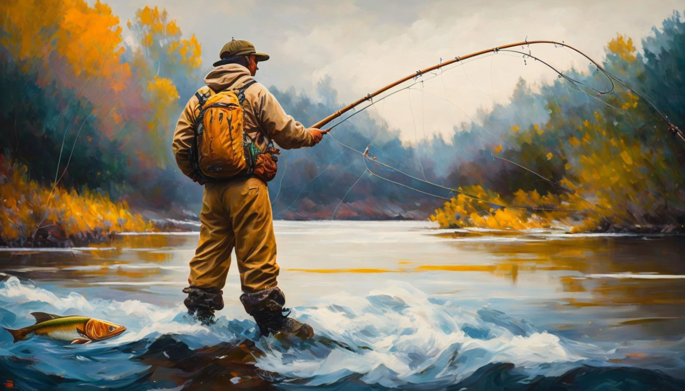 Person fishing in river with autumn foliage and jumping fish