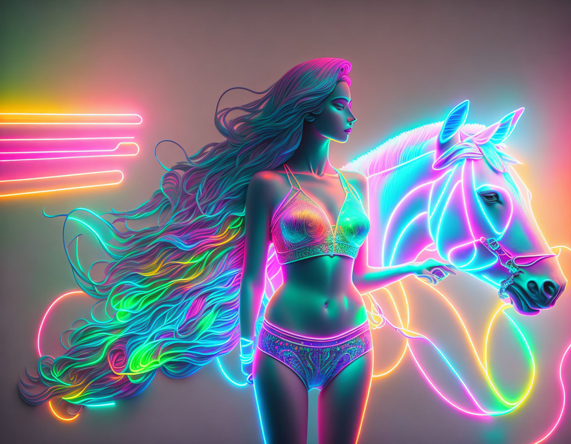 Vibrant neon digital artwork: woman in bikini with luminous horse on dark background