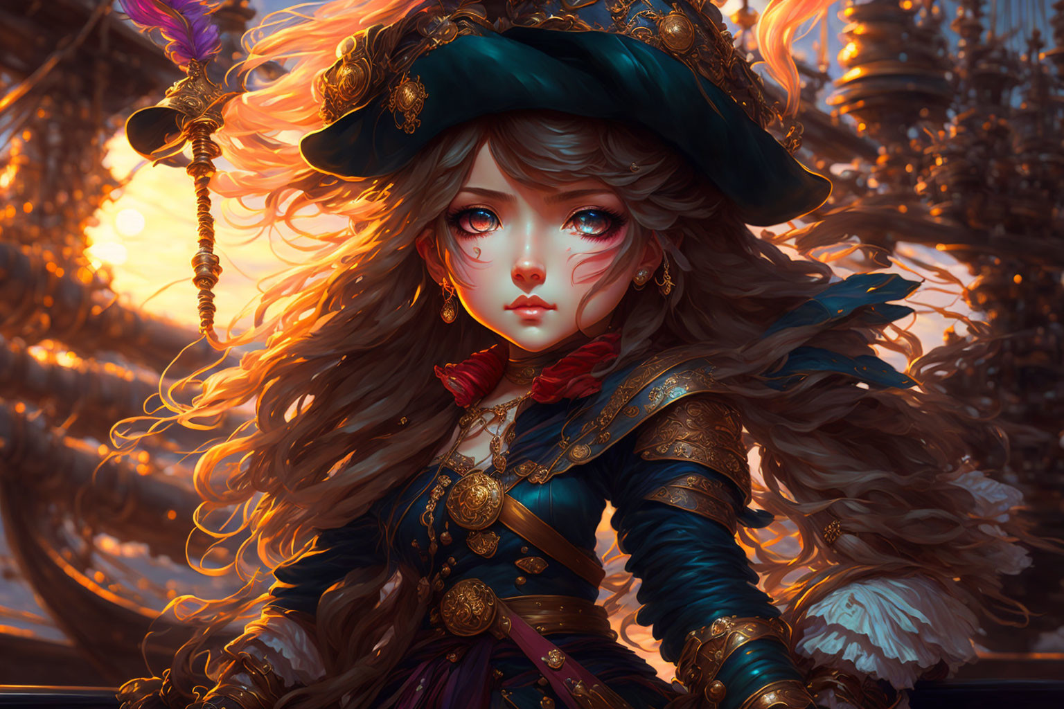 Illustrated female character in pirate attire with expressive eyes on ornate ship interior.