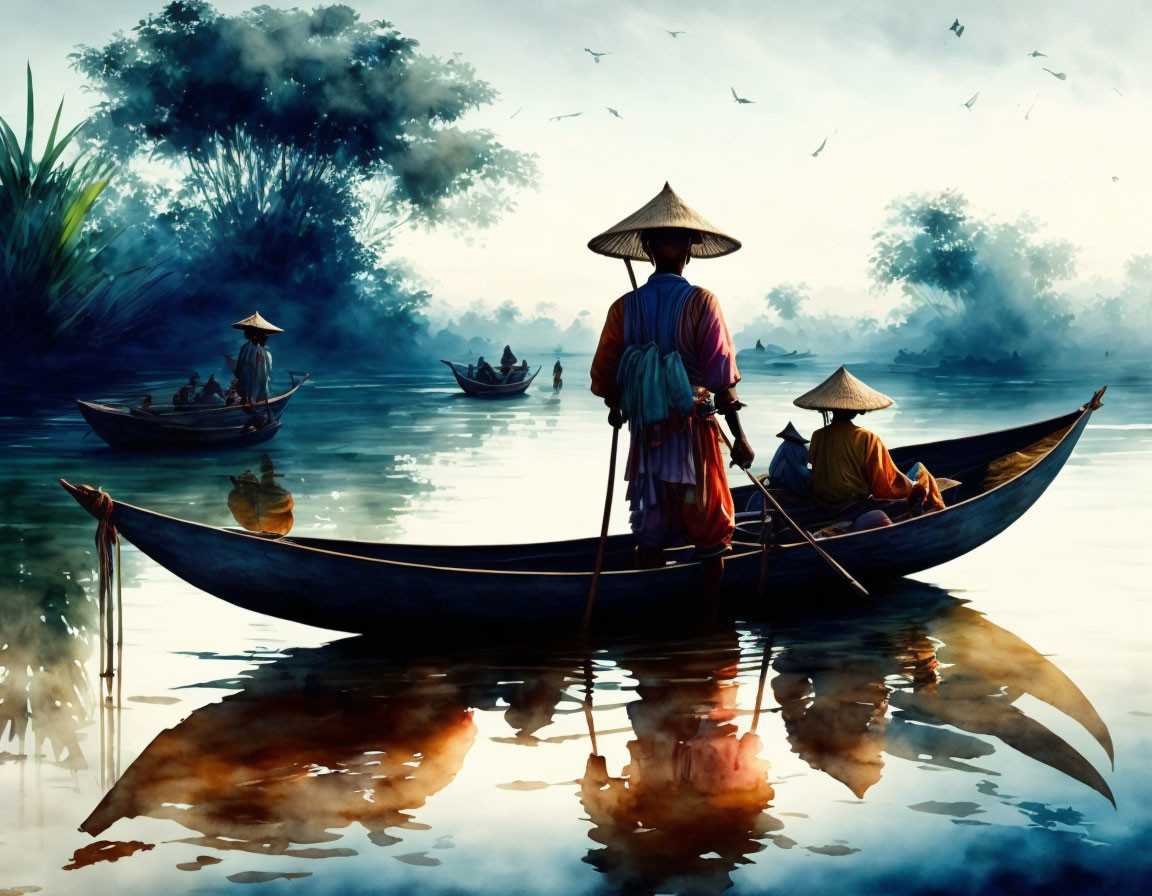 Asian fishers on wooden boats in serene river at dawn with reflections and flying birds