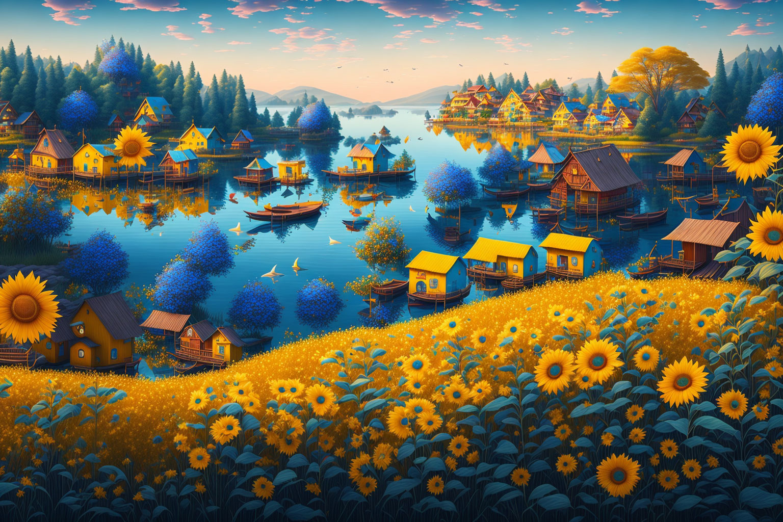 Colorful Floating Houses in Sunflower Field Village at Sunset